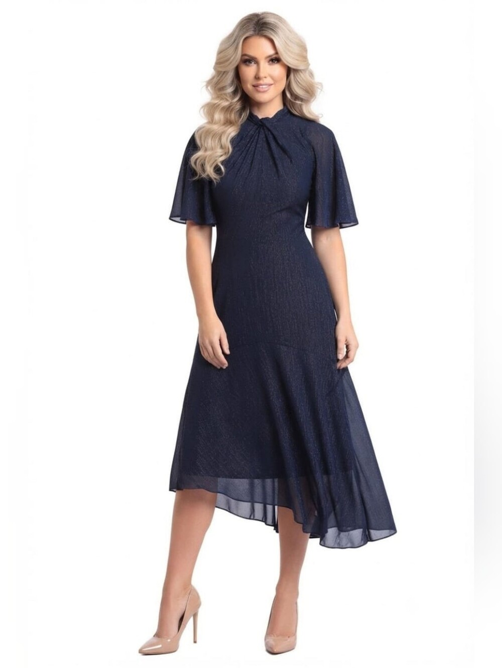 Maggy London Navy High-Low Midi Dress with Flutter Sleeves